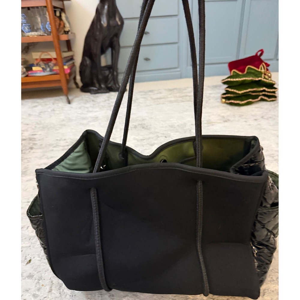Haute Shore Greyson Neoprene Tote Bag Black Olive Quilted Patent Shoulder Bag